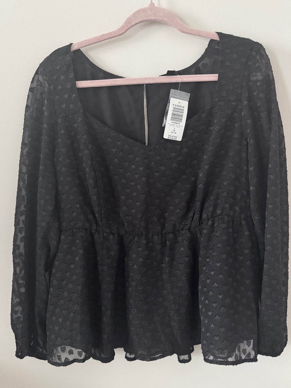 NWT Torrid Black Heart Chiffon Peplum Blouse Size 1X‎ 14/16 Long Sleeve